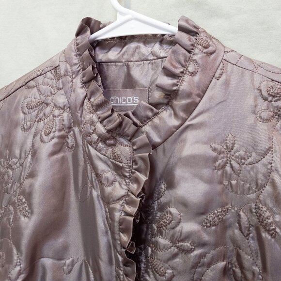 Chico's Taupe Colored Embroidered High Neck Ruffle Collar Classy Jacket S T-368 - Picture 6 of 9